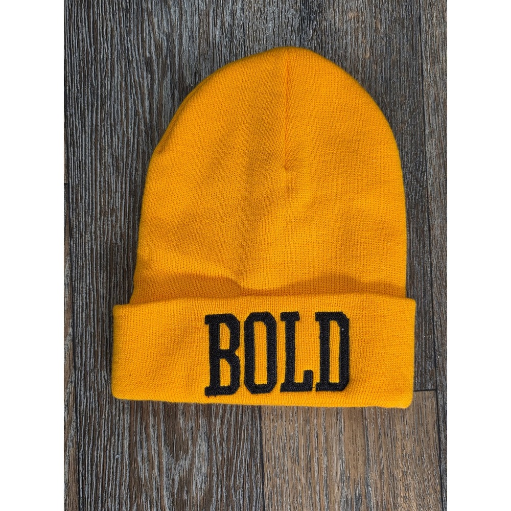 Bayside BOLD Graphic Beanie Yellow Knit Cuffed Winter Hat Made in USA One Size